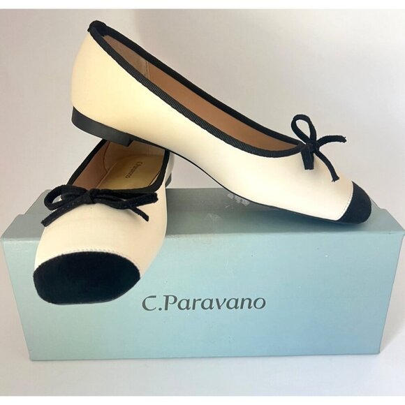 C Paravano Beige Black Flats Leather Ballerina flats Size 6.5 - Picture 1 of 15